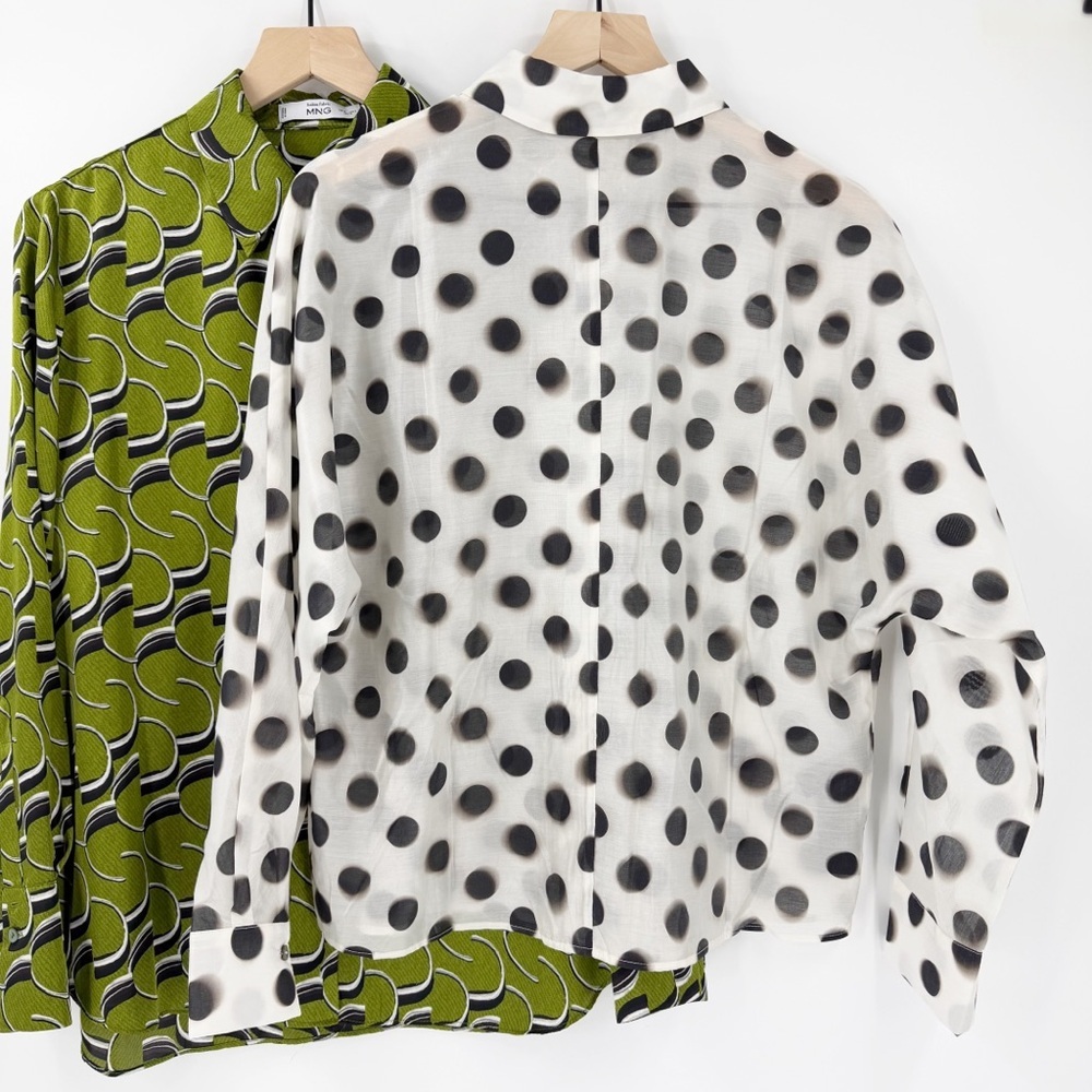 Bundle of 2 MNG Mango Long Sleeve Blouse Tops 6 Polka Dot Green Geometric Satin - Picture 7 of 11